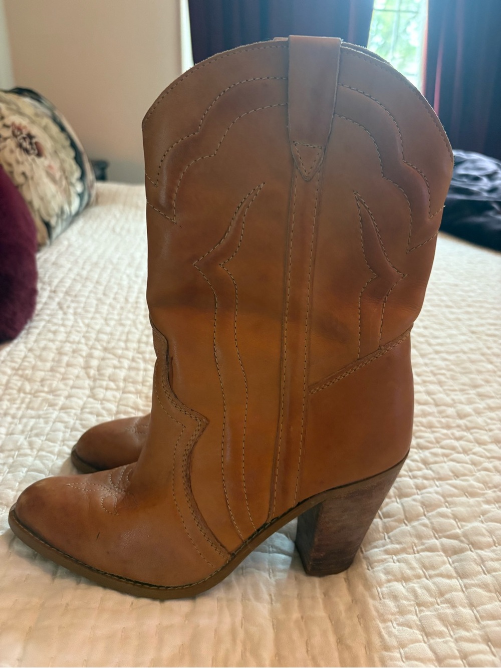 Vintage Brown Leather Western Block-Heel Boots